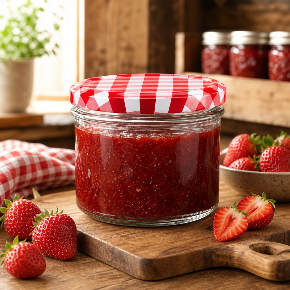 225ml Sturzglas mit Erdbeermarmelade und rot-weiß kariertem Deckel neben frischen Erdbeeren auf Holzbrett
