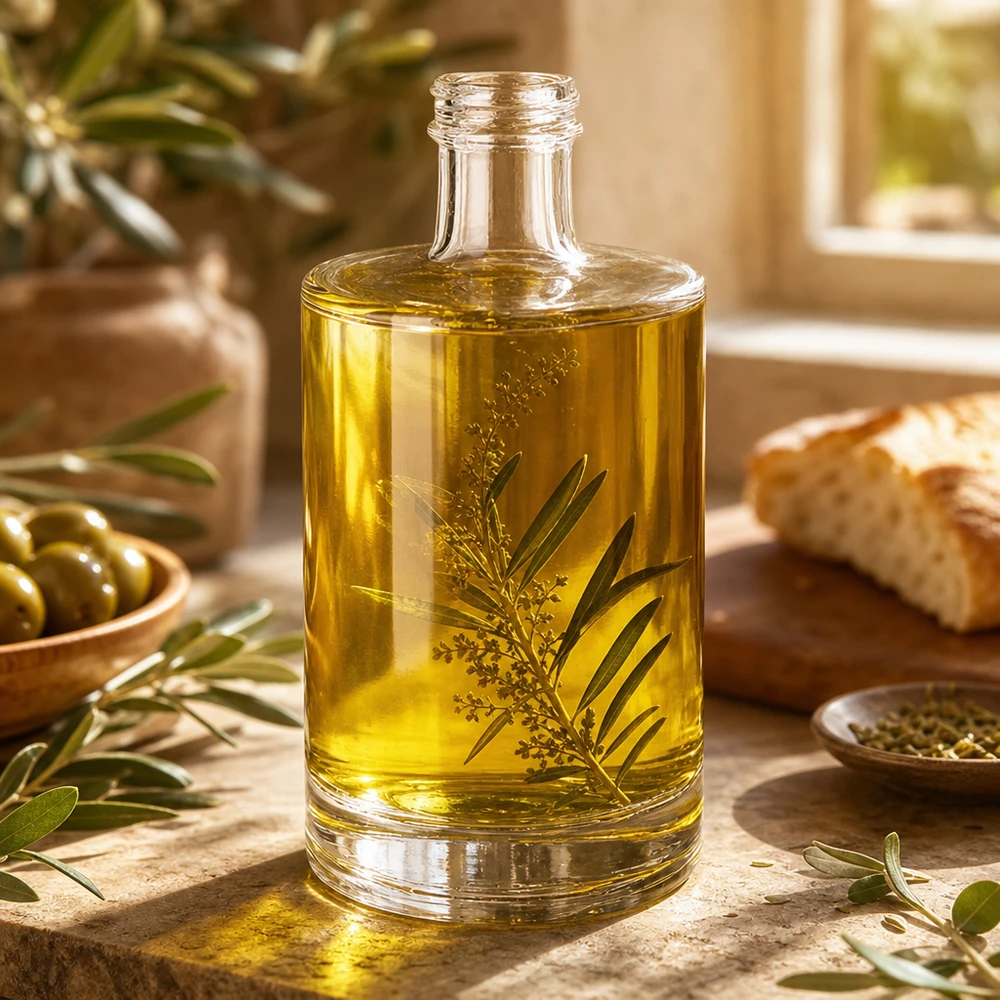 500ml Glasflasche Sam mit Olivenöl und Kräutern befüllt Anwendungsbeispiel mediterrane Küche Dekoration
