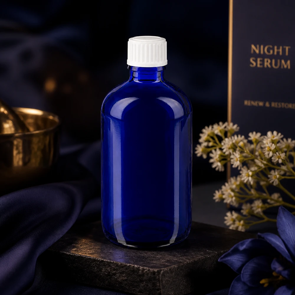 Apothekenflasche blau 100ml Schraubverschluss weiß Standard Kobaltblaue Apothekerflasche 100ml auf dunklem Stein mit weißem Schraubverschluss 11mm