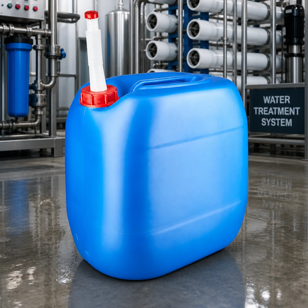 Kanister 30 Liter blau mit Auslaufrohr Flex Tragbarer 30-Liter-Flüssigkeitsbehälter blau mit Flex-Auslaufrohr vor Wasserbehandlungssystem
