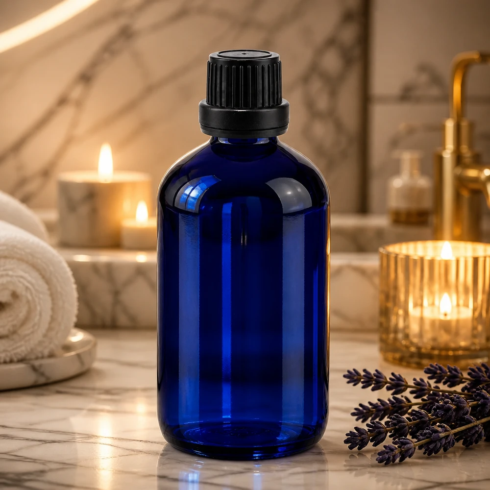 Apothekenflasche blau 100ml Schraubverschluss schwarz Dichteinlage Originalitätsverschluss Apothekerflasche 100ml in Kobaltblau mit schwarzem Schraubverschluss für ätherische Öle