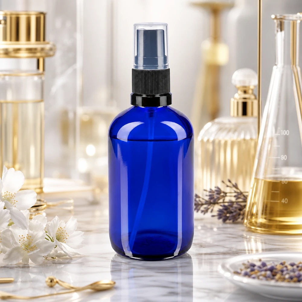 Kobaltblaue 100ml Glasflasche mit transparenter Schutzkappe umgeben von Glaskolben und Parfümflakons