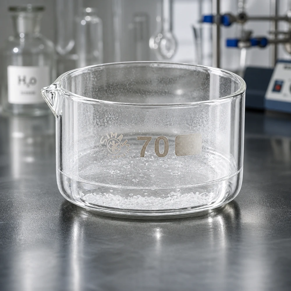 100ml Kristallisierschale mit Ausguss Borosilikat ø70mm 100ml Laborkristallisierschale mit sprudelnder klarer Flüssigkeit auf Edelstahl Laboroberfläche