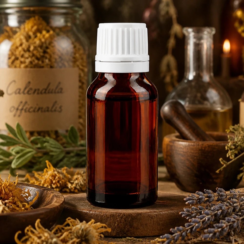 Apothekenflasche braun 15ml Schraubverschluss weiß Originalitätsverschluss Kleine Braunglasflasche 15ml mit Originalitätsverschluss weiß umgeben von Calendula officinalis