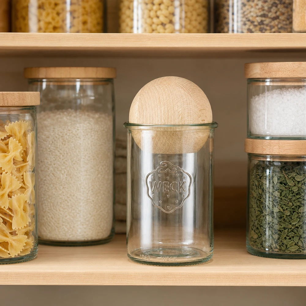 WECK Sturzglas 1000ml mit Buchenkugel-Deckel in organisierter Vorratsküche zwischen Gewürzen und Pasta-Gläsern