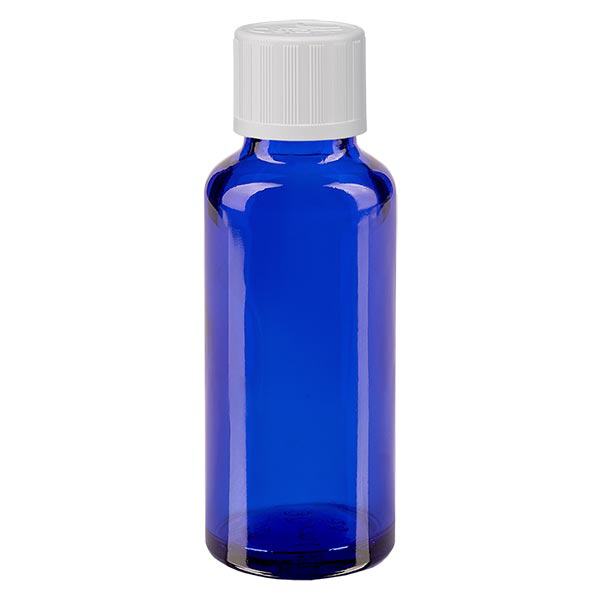 Apothekenflasche blau 30ml Tropfverschluss weiß Kindersicherung Standard Apothekenflasche blau 30ml Tropfverschluss weiß Kindersicherung Standard