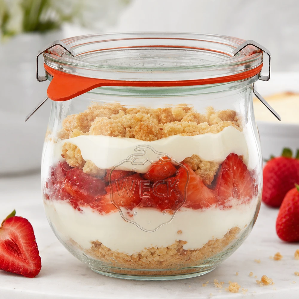 370ml Tulpenglas komplett WECK RR80 WECK Tulpenglas 370ml RR80 als Dessertglas mit Erdbeeren und Streuseln gefüllt neben frischen Früchten