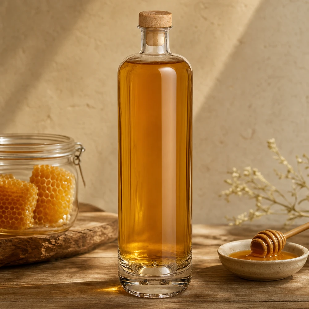 700ml Glasflasche Ella mit Honig gefüllt und Holzkorken neben Bienenwaben und Honiglöffel auf Holzuntergrund