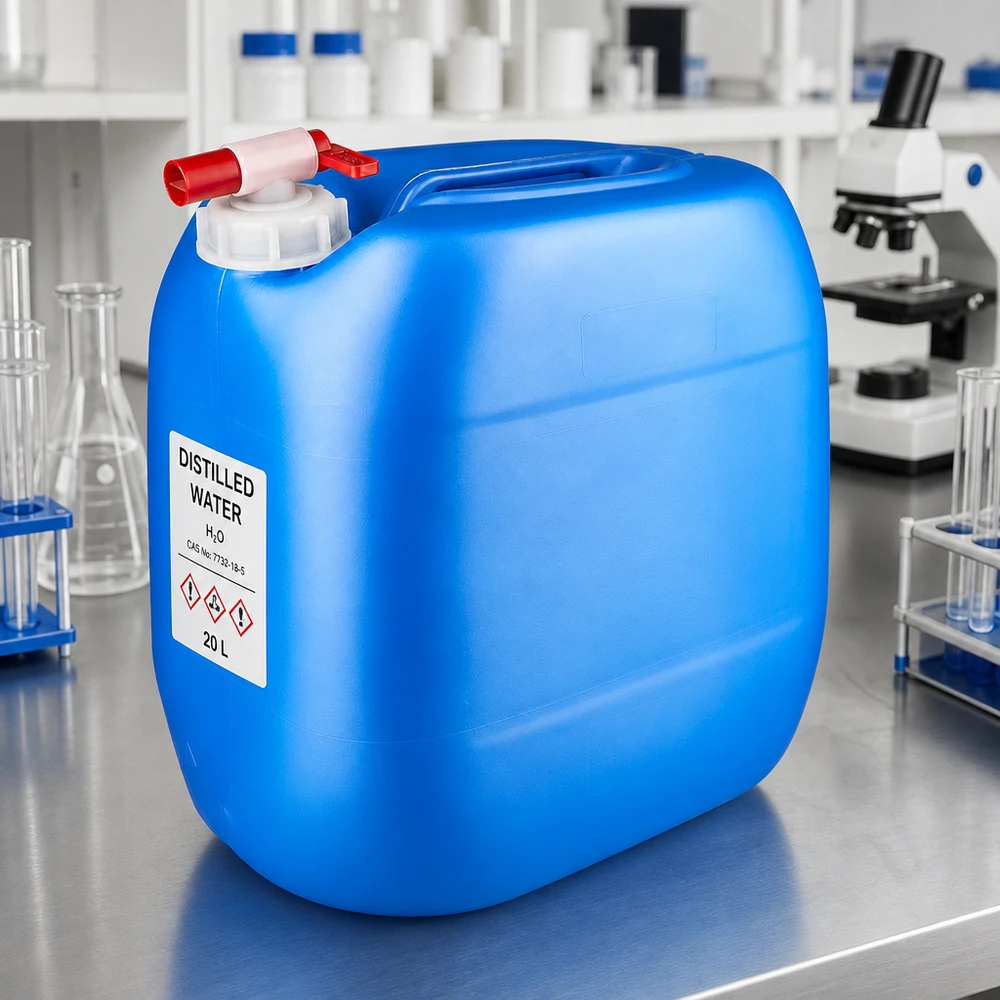 Großer blauer Kanister 30L mit rotem Hahn auf Edelstahltisch im Laborumfeld