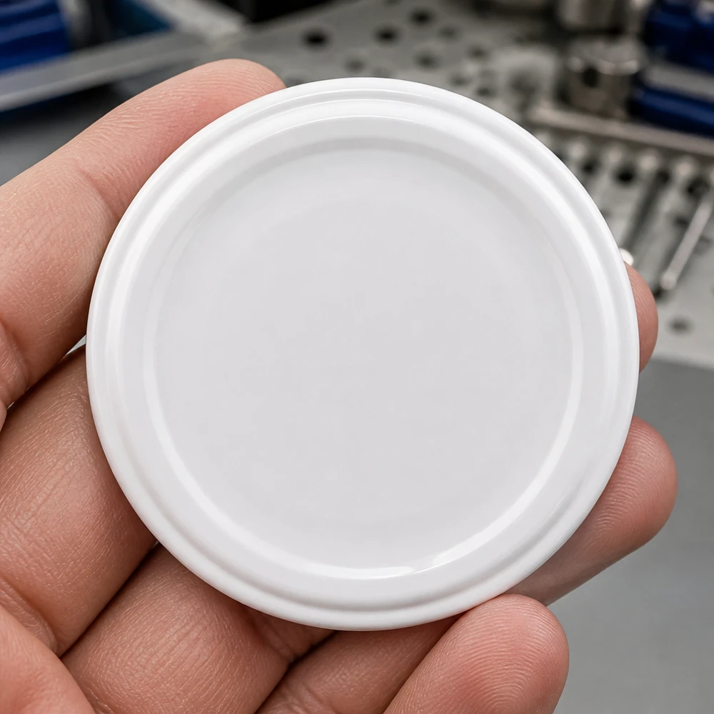 UNiTWIST TO58 weiss, BioSeal, BPA-NI, unitemp Glatter weisser TO58 Schraubdeckel UNiTWIST BioSeal konzentrische Ringe Draufsicht Hand
