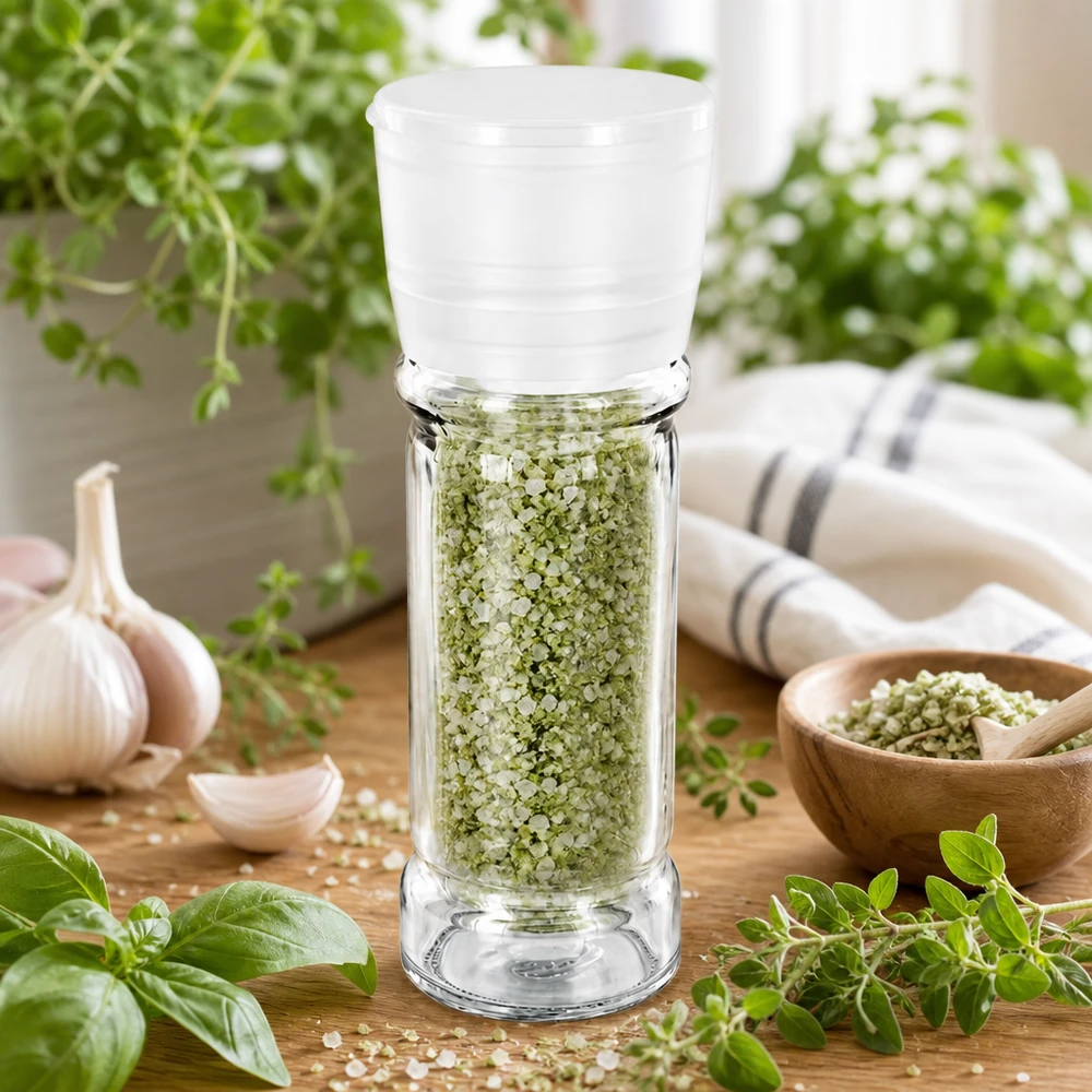 Transparentes Gewürzglas 100ml mit Vario Mühle und Kräutersalz neben Knoblauch auf Holztisch