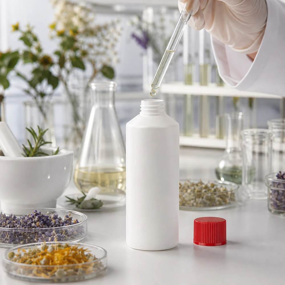 Laborabfüllung ätherischer Öle in weiße Kunststoffflasche HDPE 100ml roter Verschluss