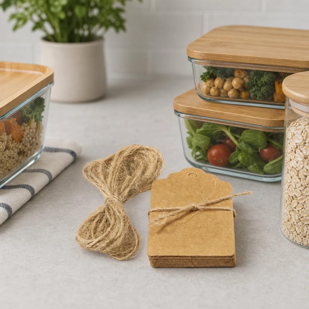 Eco-friendly Kraftpapier-Anhänger mit Jutekordel für nachhaltige Meal-Prep-Organisation und Küchendekoration
