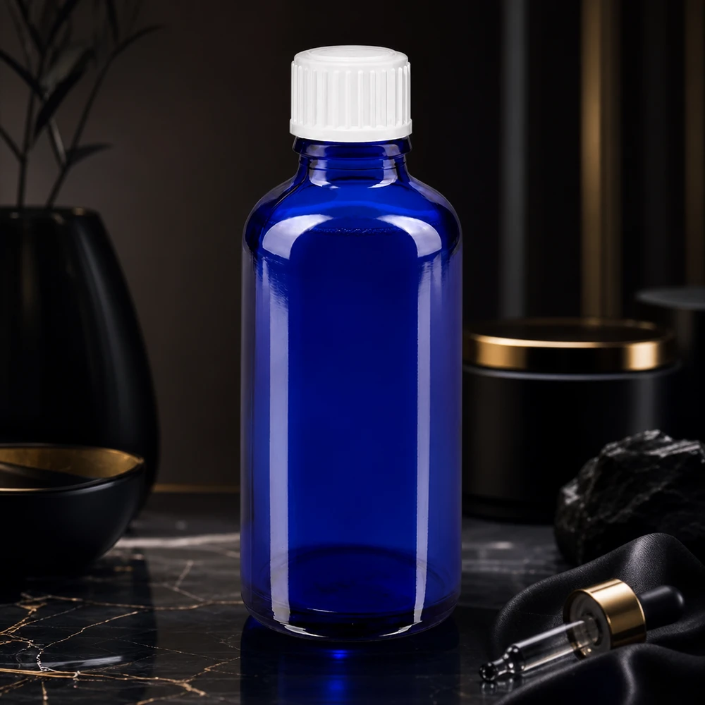 Apothekenflasche blau 50ml Schraubverschluss weiß Globuli Standard Zylindrische 50ml Glasflasche in Royalblau mit kindersicherem Standardverschluss für Ätherische Öle