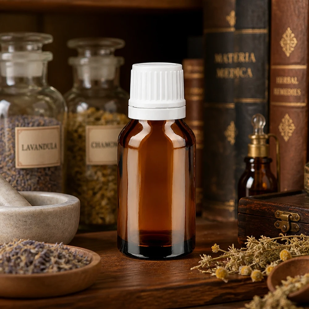 Apothekenflasche braun 15ml Tropfverschluss 1.2mm weiß Originalitätsverschluss Braune Apothekerflasche 15ml neben Lavandula und Chamomile Vorratsgläsern im Kräuterregal