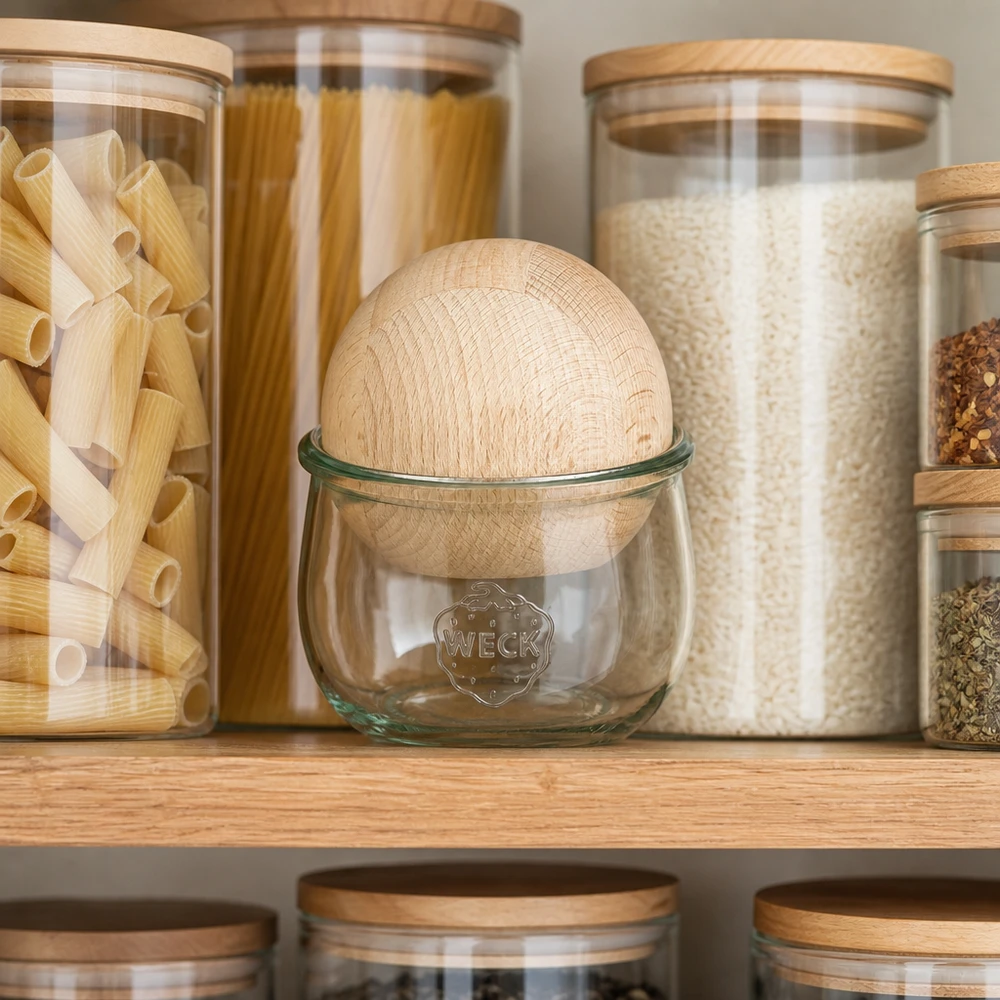 580ml Tulpenglas WECK RR100 mit Holzkugel Buche WECK Tulpenglas 580ml RR100 mit Buchenholzkugel in organisierter Vorratsküche zwischen Pasta und Reis Aufbewahrungsgläse
