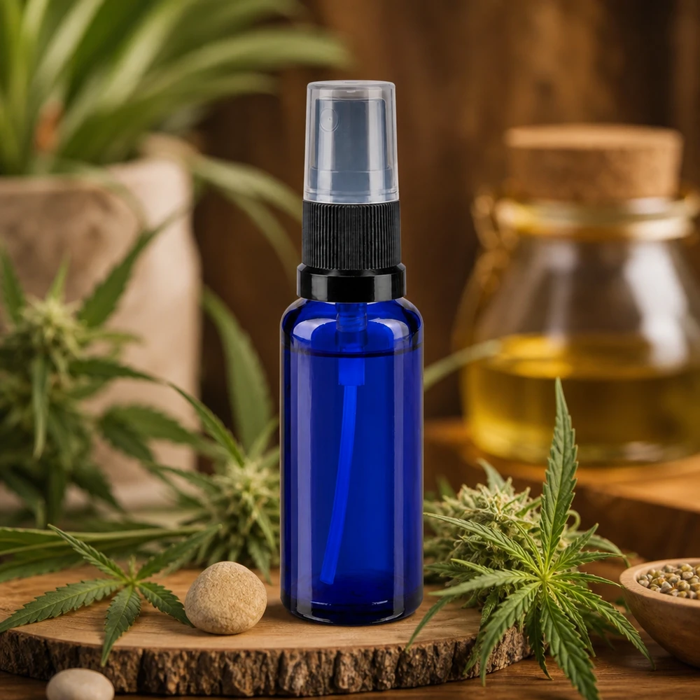 Apothekenflasche blau 30ml Sprayaufsatz schwarz Kleine blaue Apotheken Sprühflasche 30ml auf Holzscheibe mit CBD Öl und Hanfblättern