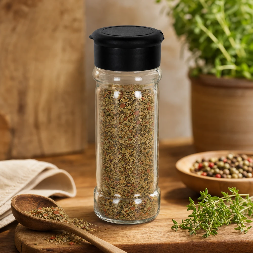 Kleines Kräuterglas 100ml mit schwarzem Kunststoffdeckel neben frischem Thymian