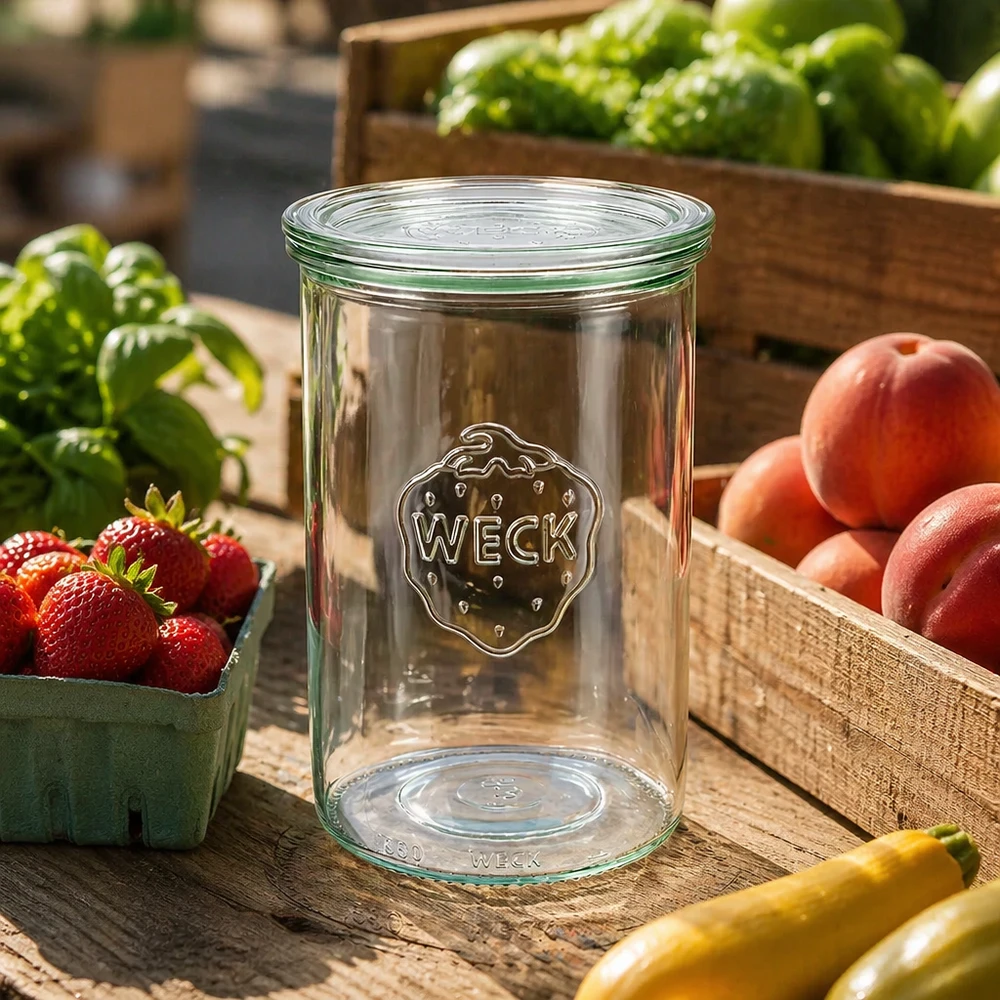 WECK Sturzglas 1000ml RR100 leer im Freien auf Holztisch umgeben von frischem Obst und Gemüse in Holzkisten