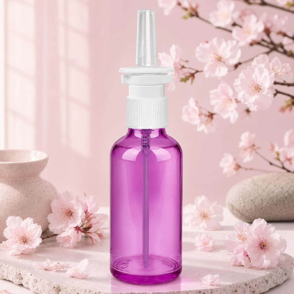 50ml Nasensprayflasche weiß/transparent Standard PurpleLine. UT18/50 Robuste 50ml Nasensprayflasche aus langlebigem Material in moderner Purple-Optik