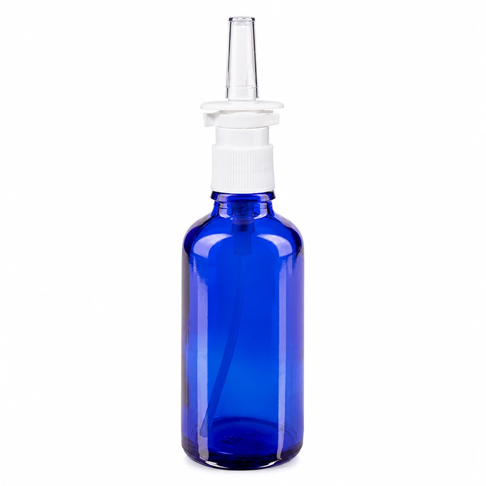 Apothekenflasche blau 50ml Nasenzerstäuber weiß Standard Kobaltblaue 50ml Apothekerflasche aus Glas mit Nasenspray-Pumpe in Weiß und klarem Applikator