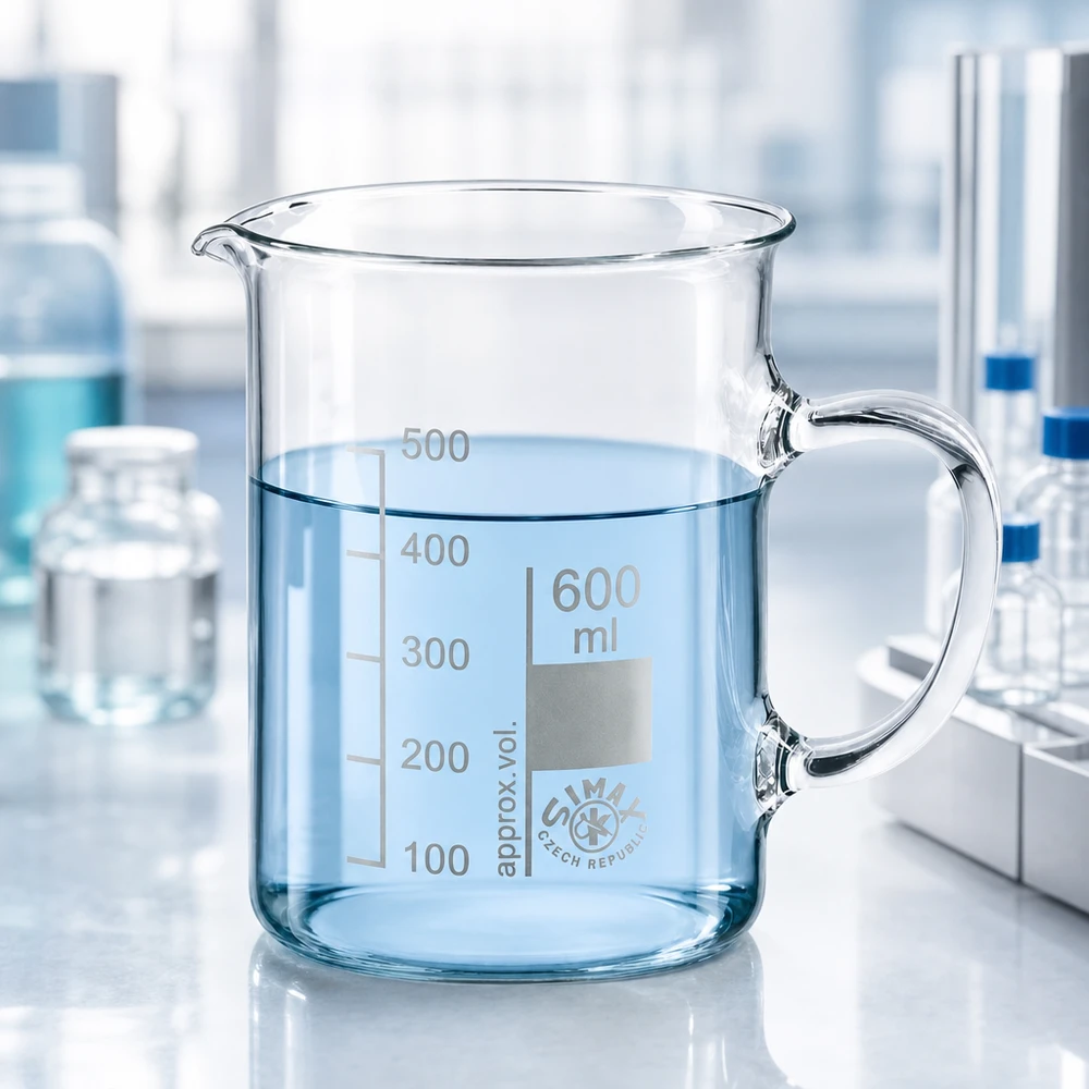 Becherglas 600ml Borosilikatglas, mit Henkel Becherglas mit Henkel 600ml Fassungsvermögen transparent im professionellen Laborumfeld