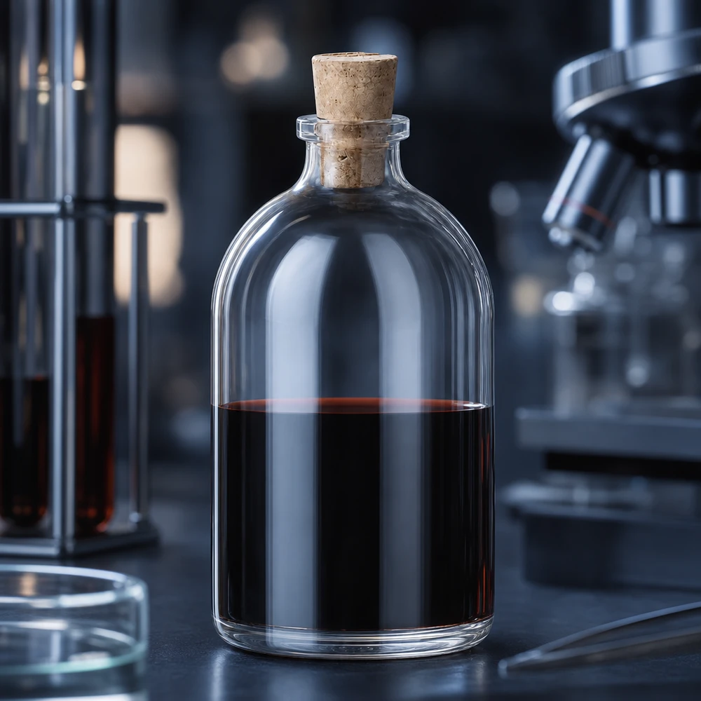 Bauchflasche 100ml aus Borosilikatglas mit Korken 11/14mm auf dunkler Laborarbeitsfläche