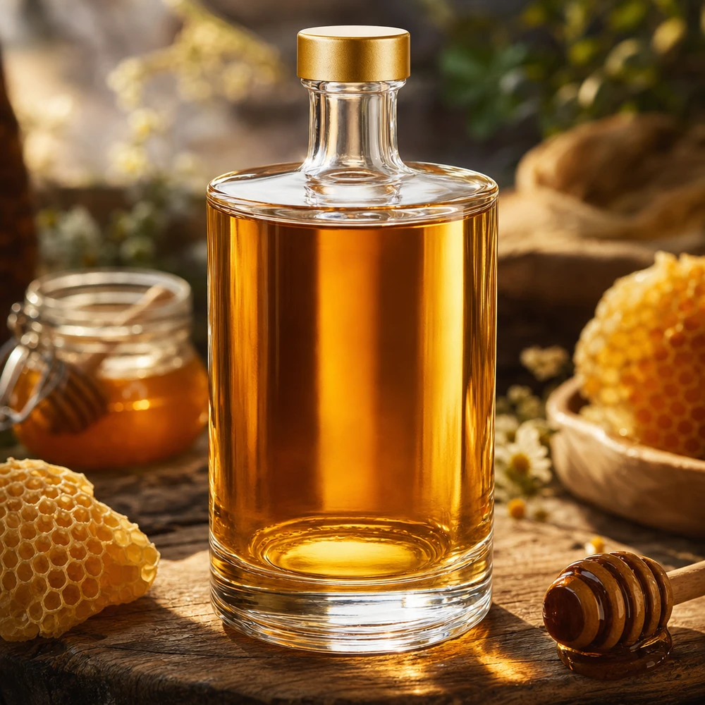 500ml Glasflasche "Sam" + Schraubverschluss gold UNiTWIST 500ml Glasflasche Sam mit Honig befüllt rustikale Küche Waben Honiglöffel goldener UNiTWIST Verschluss dekorativ