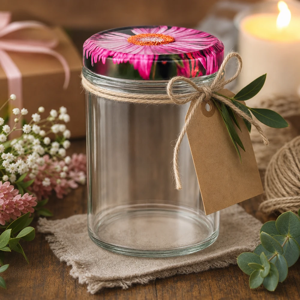 350ml Sturzglas + BasicSeal Deckel Blüten-Dekor UN Dekoratives 350ml Einmachglas mit Blüten-Deckel als Geschenkidee mit Juteschnur Anhänger und Blumendeko