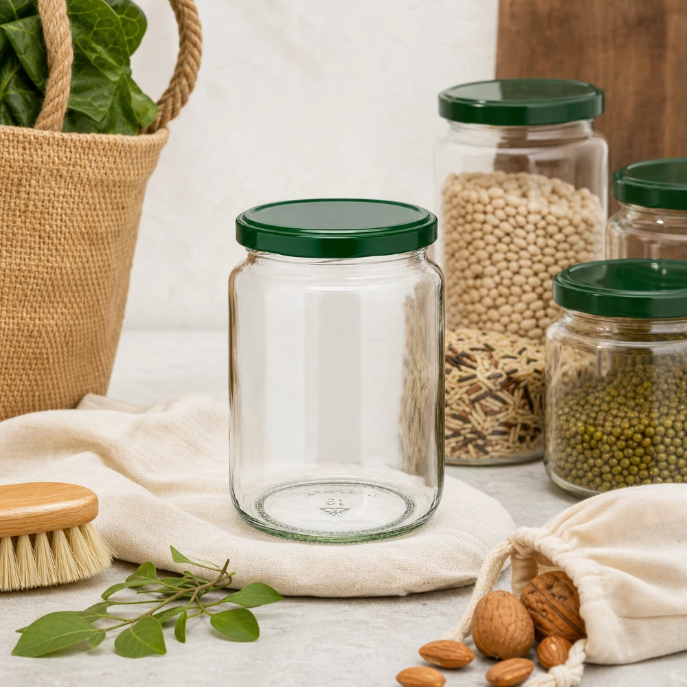 795ml Rundglas + BasicSeal Deckel grün UNiTWIST 795ml Rundglas UNiTWIST mit grünem Deckel in nachhaltiger Zero-Waste-Küche zwischen Hülsenfrüchten und Nüssen