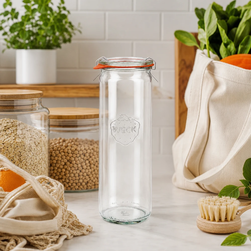 WECK Zylinderglas 600ml RR60 leer in nachhaltiger Zero-Waste Küche mit Vorratsgläsern Baumwollbeuteln und Kräutern