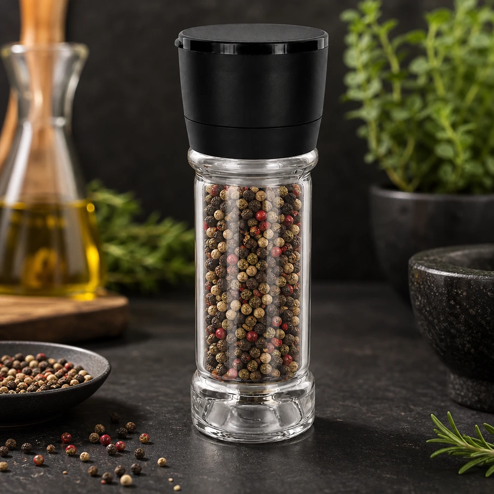Transparentes Salz- und Gewürzglas mit schwarzem Mahlwerk Vario 100ml Füllvolumen