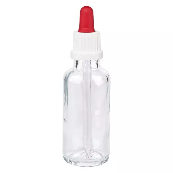 Apothekenflasche klar 30ml Pipette weiß/rot Originalitätsverschluss Apothekenflasche klar 30ml Pipette weiß/rot Originalitätsverschluss