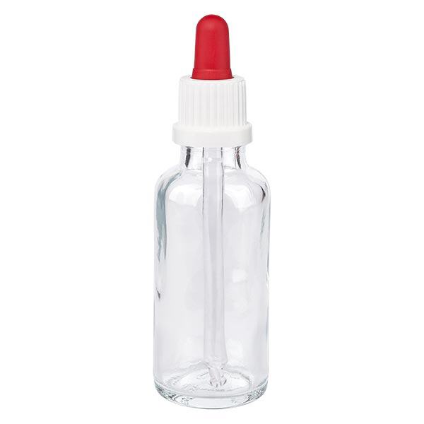 Apothekenflasche klar 30ml Pipette weiß/rot Originalitätsverschluss Apothekenflasche klar 30ml Pipette weiß/rot Originalitätsverschluss