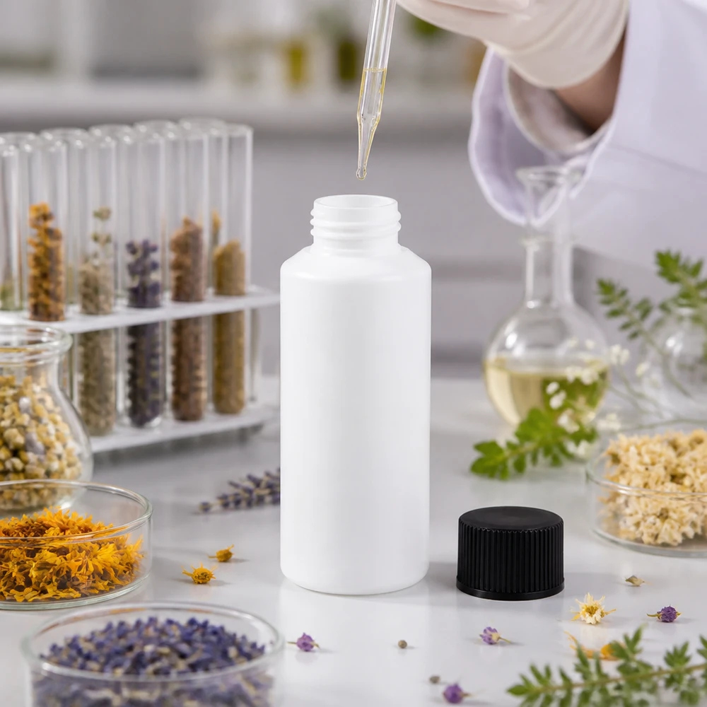 Kleine weiße Kunststoffflasche 30ml mit schwarzem Verschluss für ätherische Öle und Tinkturen