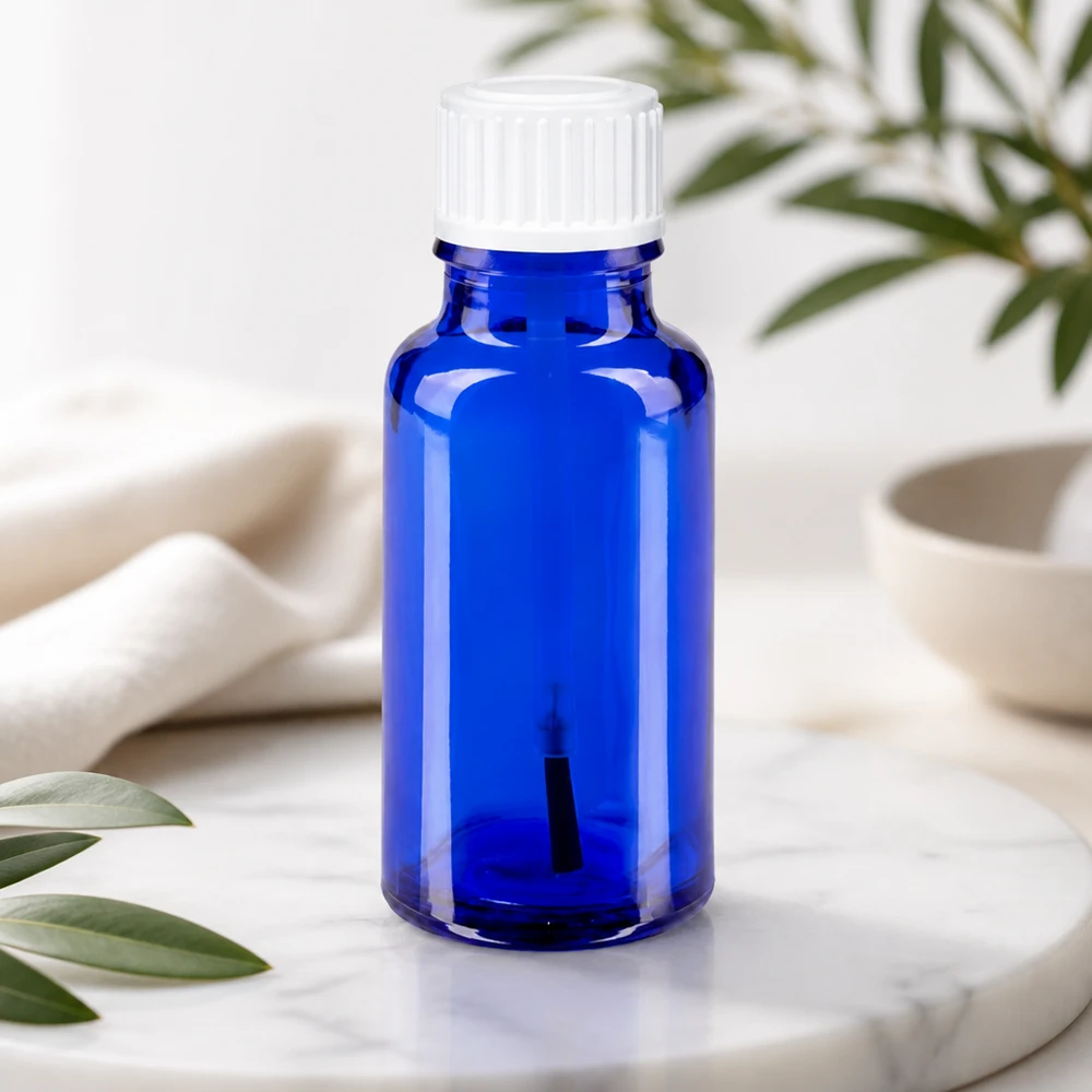 Apothekenflasche blau 20ml Schraubverschluss weiß Pinsel Kobaltblaue Glasflasche 20ml mit Pinselaufsatz und weißem Verschluss für Kosmetik