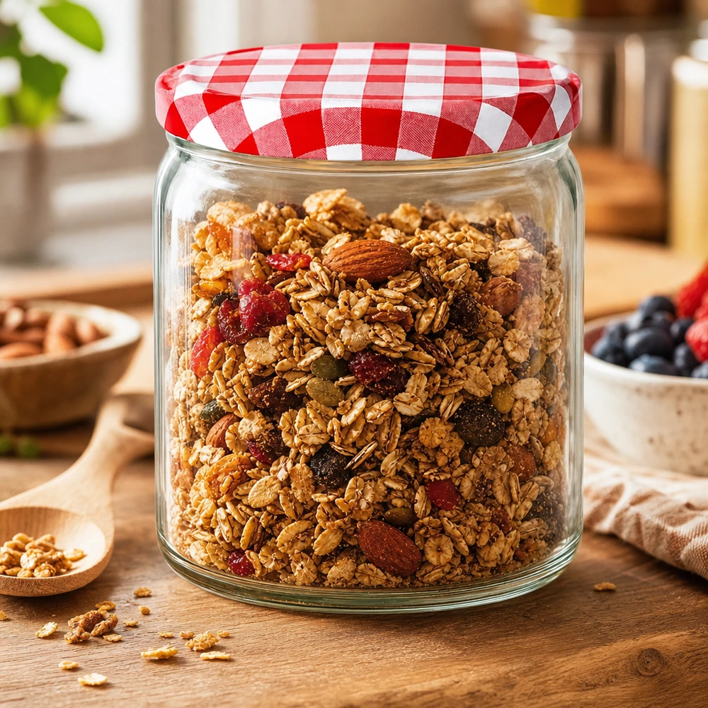 408ml Rundglas mit BasicSeal Deckel rot/weiß UNiTWIST 408ml Rundglas mit Müsli Granola Nüssen Cranberries gefüllt BasicSeal Deckel rot weiß kariert Frühstück Vorratsglas
