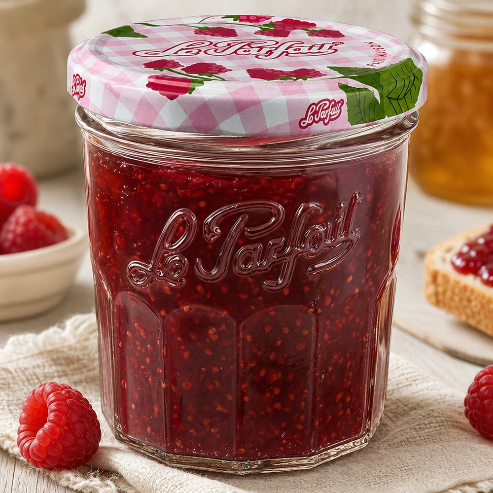 Le Parfait 324ml Sturzglas gefüllt mit hausgemachter Himbeermarmelade zeigt praktische Alltagsverwendung im Küchenambien