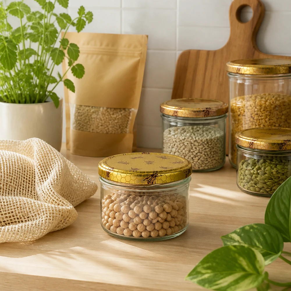 225ml Sturzglas Set Bienenwaben-Deckel gefüllt mit Hülsenfrüchten Getreide Vorratsdosen Küche Zero Waste Aufbewahrung