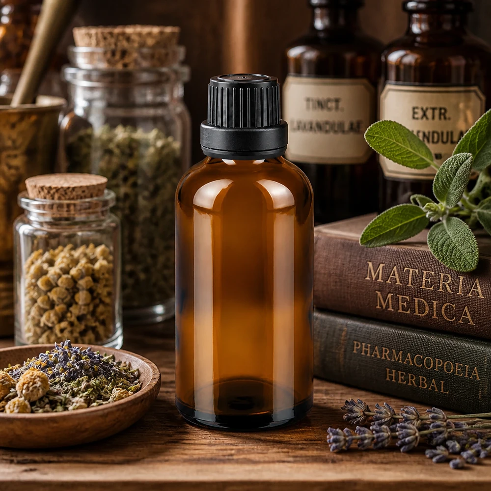 Apothekenflasche braun 50ml Schraubverschluss schwarz Dichteinlage Originalitätsverschluss Braunglas Flasche 50ml mit Schraubverschluss neben Pharmacopoeia Herbal und frischen Kräutern
