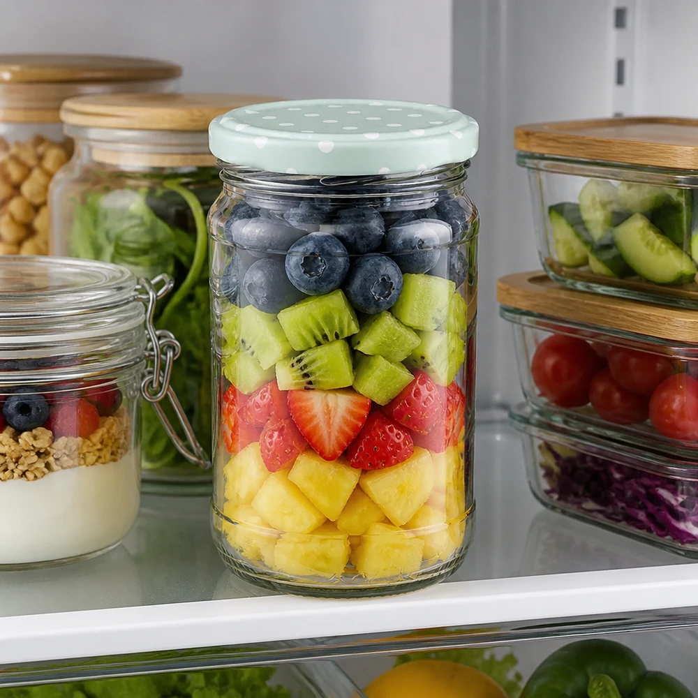 370ml Rundglas + BasicSeal Punkte mint matt UNiTWIST Meal Prep Früchte im 370ml UNiTWIST Rundglas Heidelbeeren Erdbeeren Kiwi Ananas kühl gelagert