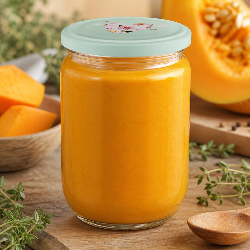 555ml Rundglas befüllt mit orangefarbenem Kürbispüree und mintgrünem BasicSeal Deckel Herz-Motiv