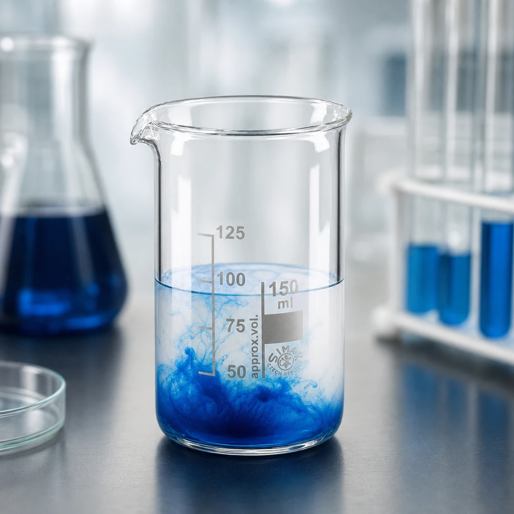 Becherglas 150ml Borosilikatglas, hohe Form Chemisches Becherglas aus hitzebeständigem Borosilikatglas 150ml mit blauer Flüssigkeit