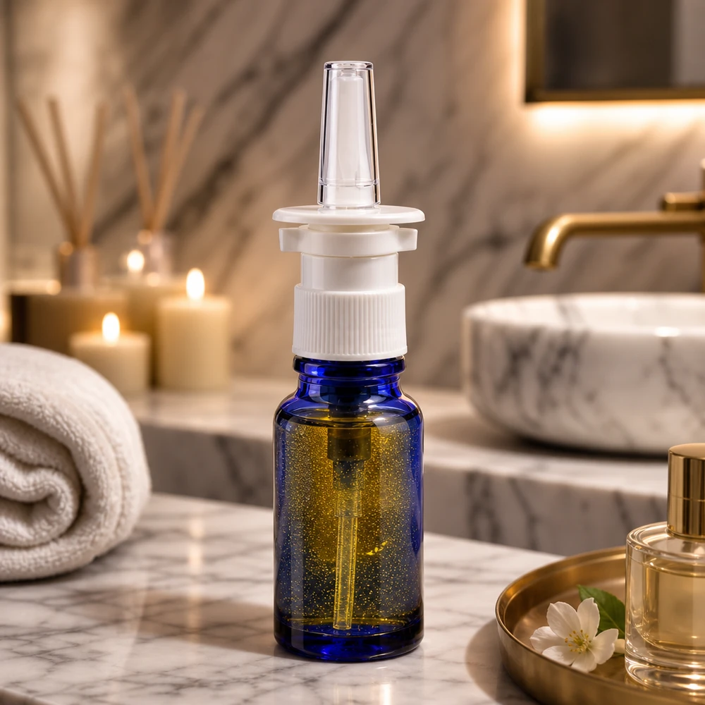 Blaue Glasflasche 10ml mit transparenter Nasenspray-Düse und weißem Verschluss