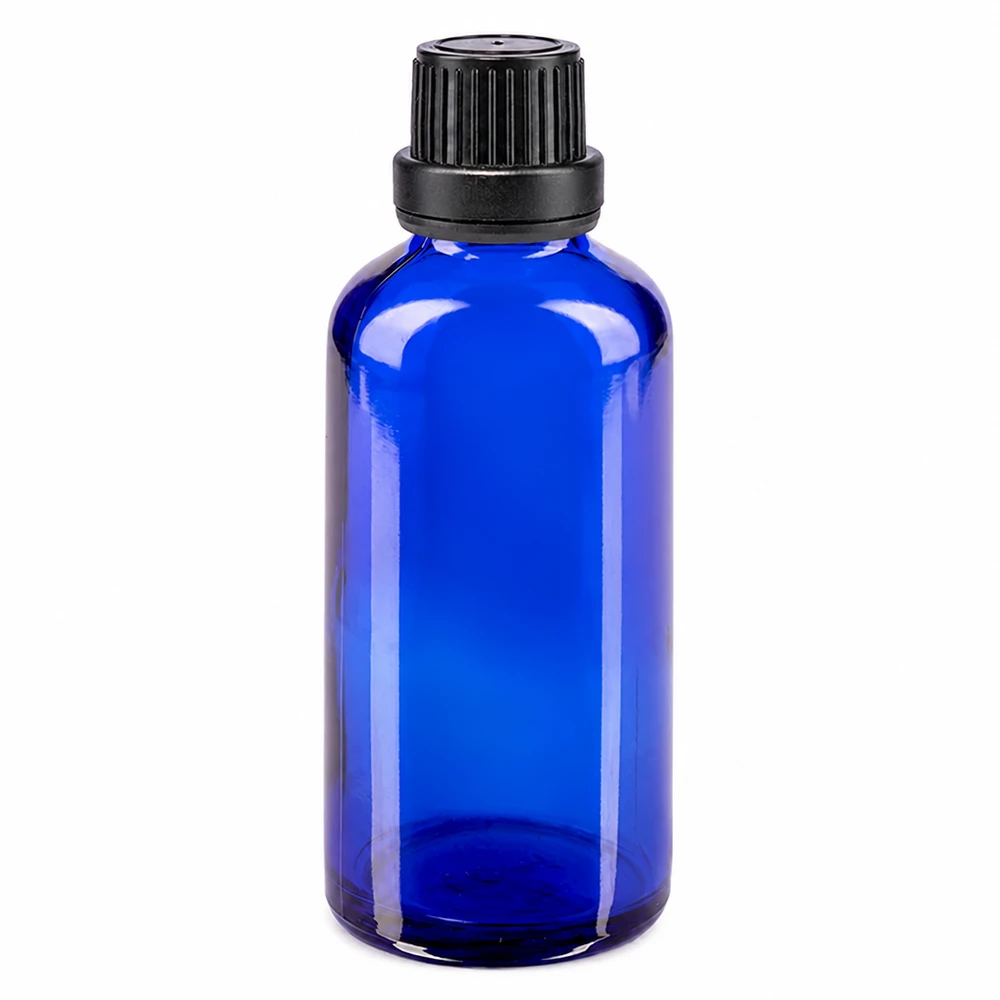 Apothekenflasche blau 50ml Schraubverschluss schwarz Dichteinlage Originalitätsverschluss Blaue Glasflasche 50ml mit kindersicherem Originalitätsverschluss schwarz