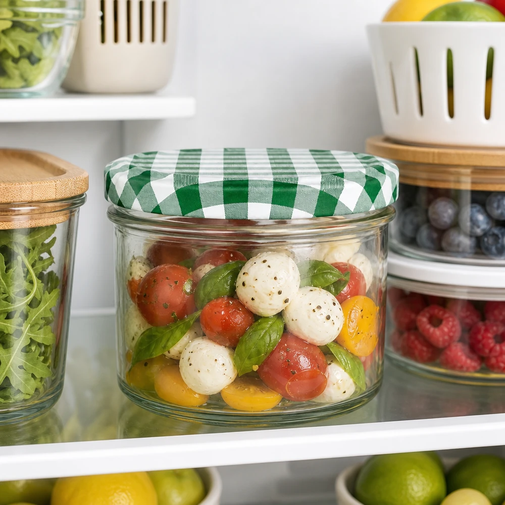 225ml Sturzglas mit grün-weißem Karodeckel gefüllt mit Caprese-Salat im Kühlschrank zwischen anderen Vorratsgläsern
