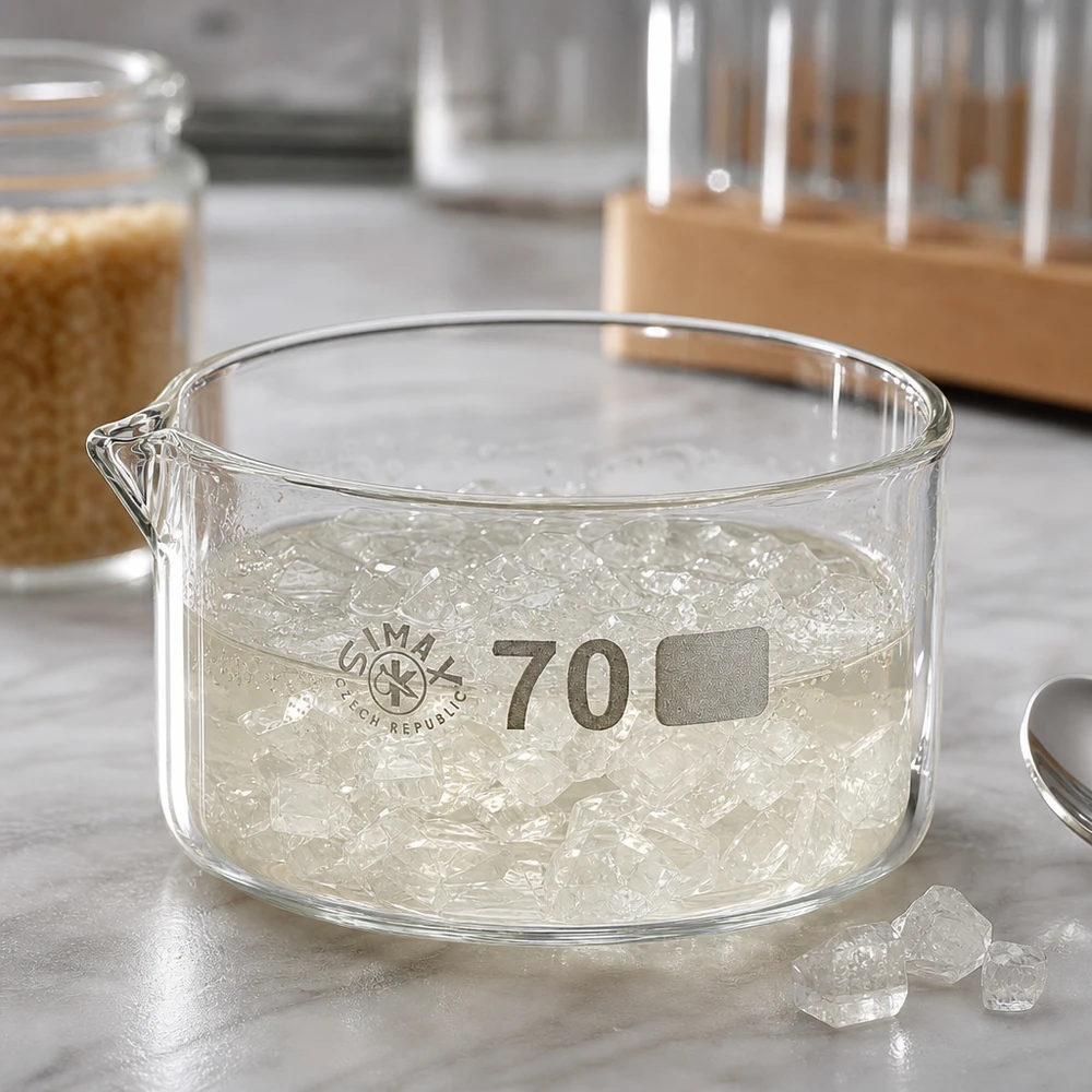 Kristallisierschale 70mm Borosilikatglas mit transparenten Kristallen und klarer Flüssigkeit