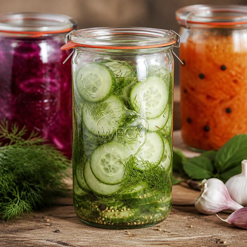 WECK Zylinderglas 1590ml RR100 mit eingelegten Gurkenscheiben Dill Gewürzen fermentiertes Gemüse Konservierung