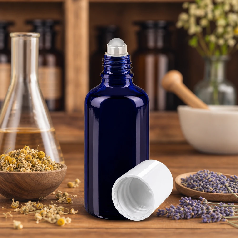 50ml Roll-On Gebinde aus kobaltblauem Schutzglas mit Stahlkugel und weißem Verschluss auf Holzuntergrund
