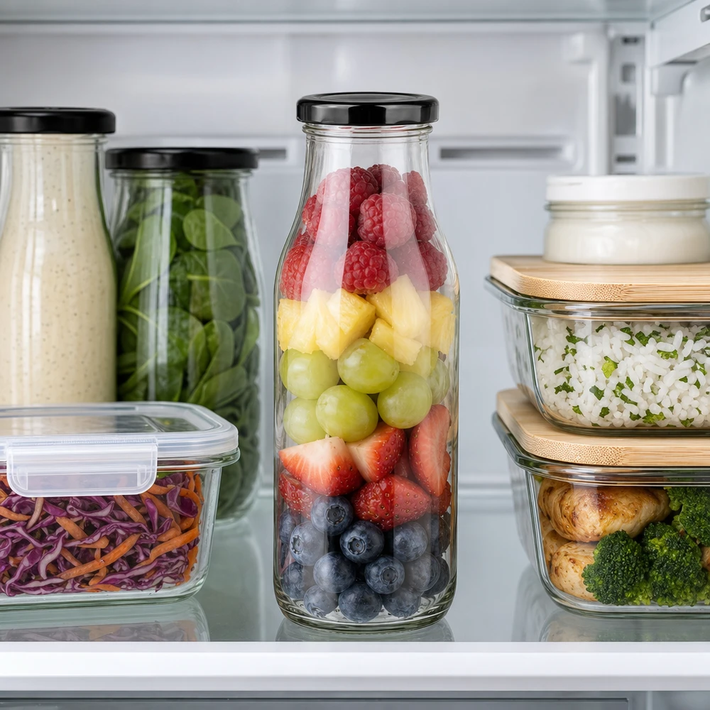 263ml Glasflasche mit schwarzem Deckel im Kühlschrank befüllt mit bunten Früchten und Beeren zur Aufbewahrung